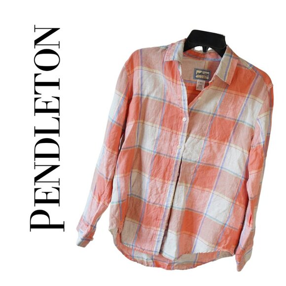 Pendleton, 100% Linen Plaid Button-down Long Sleeve Shirt, Orange, Blue - Picture 1 of 8